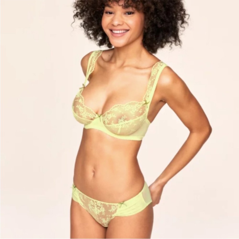 💛 Adore Me Unlined Clera Bra Neon Yellow Lace Green Bows 38F 3D 38 DDD - Picture 4 of 9